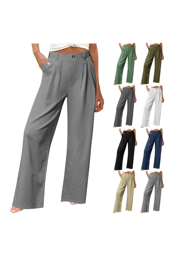 Womens Cotton Work Pants Wide Leg Dress Pants High Waisted Casual Business Office Pants with Pockets Sales of Today Navy L