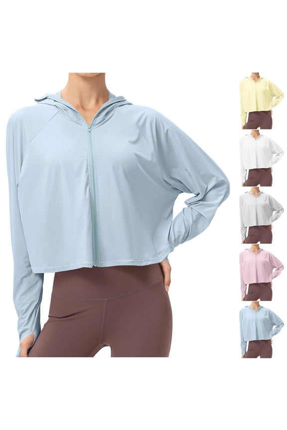 Womens Cropped Athletic Jackets UPF 50+ Sun Protection Long Sleeve Zip Up Cooling Shirt Cycling Athletic Workout Running Hoodie White S