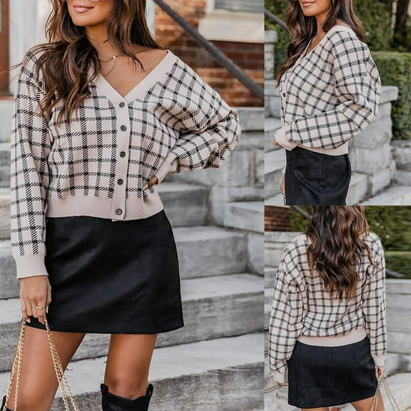 DDAPJ pyju Womens Cropped Plaid Jacket Open Front Long Sleeve Button Down Cardigan Tops Lightweight Casual Jackets Trendy Outerwear Black L