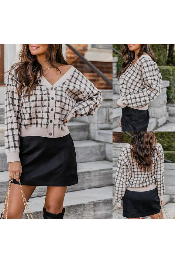 Womens Cropped Plaid Jacket Open Front Long Sleeve Button Down Cardigan Tops Lightweight Casual Jackets Trendy Outerwear Black L