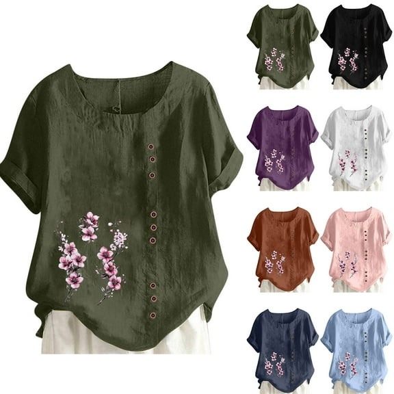 DDAPJ pyju Womens Dandelion Print Tshirts Baggy Linen Blouse Oversized Crew Neck Short Sleeve Casual Summer Tops Sales of Today Purple XXXL