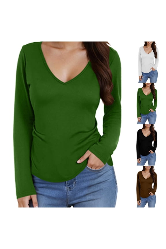 Womens Deep V Neck Long Sleeve Shirts Ribbed Knit Base Layer T-Shirt Slim Fit Basic Tee Tops Black L