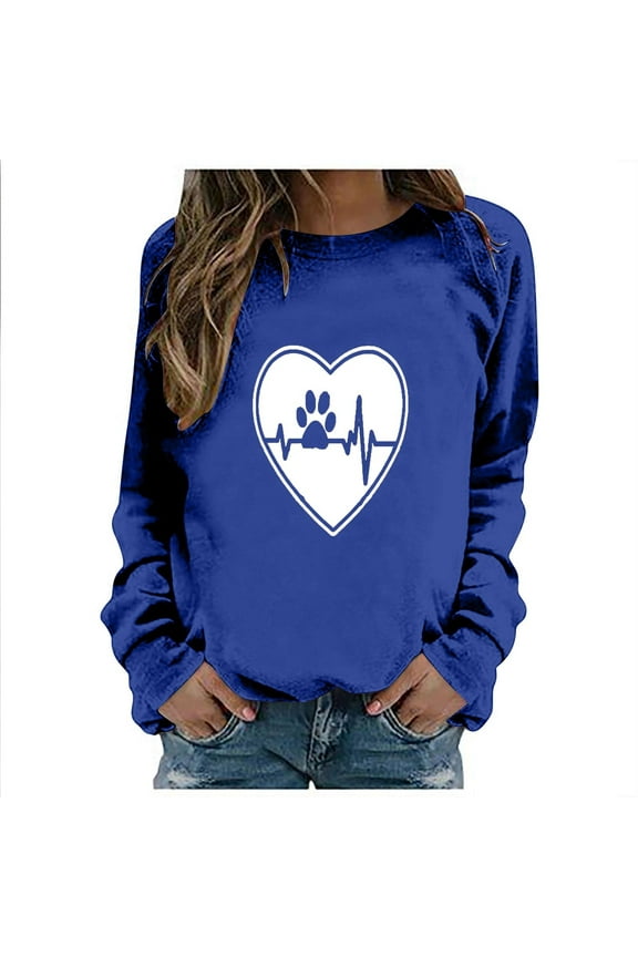 Womens Dog Paw Graphic Long Sleeve Cerwneck Sweatshirts,Heartbeat Print Cute Pullover Sweatshirt Long Sleeve Crewneck Tunic Tops Gifts for Pet Lover