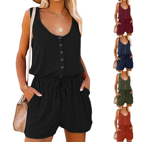 DDAPJ pyju Womens Drawstring Short Rompers Dressy Casual Sleeveless Scoop Neck Button Down Shorts Jumpsuit with Pockets One Piece Summer Vacation Outfitis Wine XXL