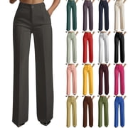 DDAPJ pyju Womens Dress Pants Business Casual Straight Leg Pants Office Work Slacks Flat Front High Waisted Trousers with Pockets Dark Gray L