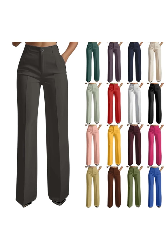 Womens Dress Pants Business Casual Straight Leg Pants Office Work Slacks Flat Front High Waisted Trousers with Pockets Khaki XXXL