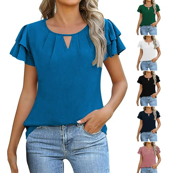 DDAPJ pyju Womens Dressy Casual Ruffle Short Sleeve Tops Keyhole Crewneck Summer Blouse Loose Tunic Shirt on Sale White M
