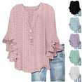 thumbnail image 1 of DDAPJ pyju Womens Eyelet Tops Dressy Casual 3/4 Sleeve Ruffle Shirt Loose Fit Button V Neck Blouses Ofertas de la semana Purple S, 1 of 6