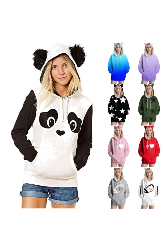 Womens Fall Fashion 2025 Star Print Hoodies Kangaroo Pocket Hooded Sweatshirt with Cat Ears Oversized Casual Y2K Hoodie Sweatshirts Army Green L
