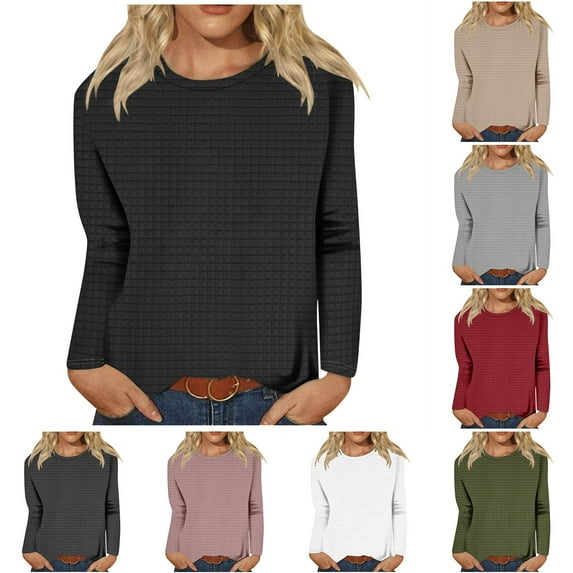 DDAPJ pyju Womens Fall Long Sleeve Tops Soft Comfy Crewneck T-shirt for Women Solid Color Waffle Knit Tunic Blouse Clearance Sale Dark Gray L
