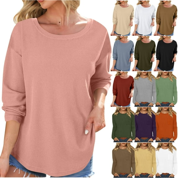 DDAPJ pyju Womens Fall Long Sleeve Tops Soft Comfy Crewneck T-shirt for Women Solid Color Waffle Knit Tunic Blouse Army Green L