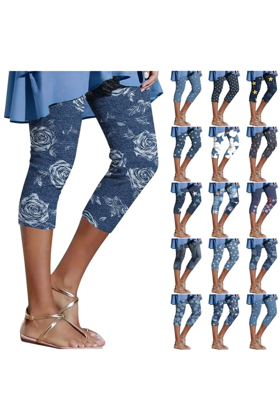 Womens Faux Denim Capri Pants High Waisted Yoga Leggings Slim Fit Short Tights Stretch Faux Jeans Navy M