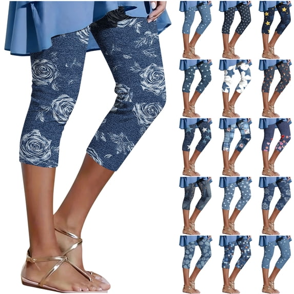 DDAPJ pyju Womens Faux Denim Leggings 2026 Trendy Print Casual Yoga Pants High Waisted Stretch Capris Summer Cropped Pants Brown XXXL