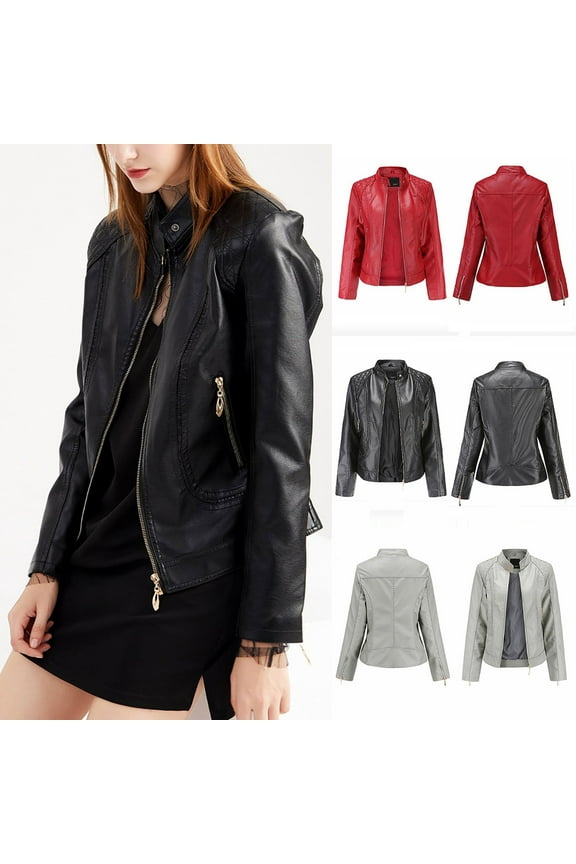 Womens Faux Leather Jacket Lightweight Moto Biker Jacket Zip Up Cropped Bomber Jacket Windbreaker Outwear with Pockets Birthday Gift Black XXXL