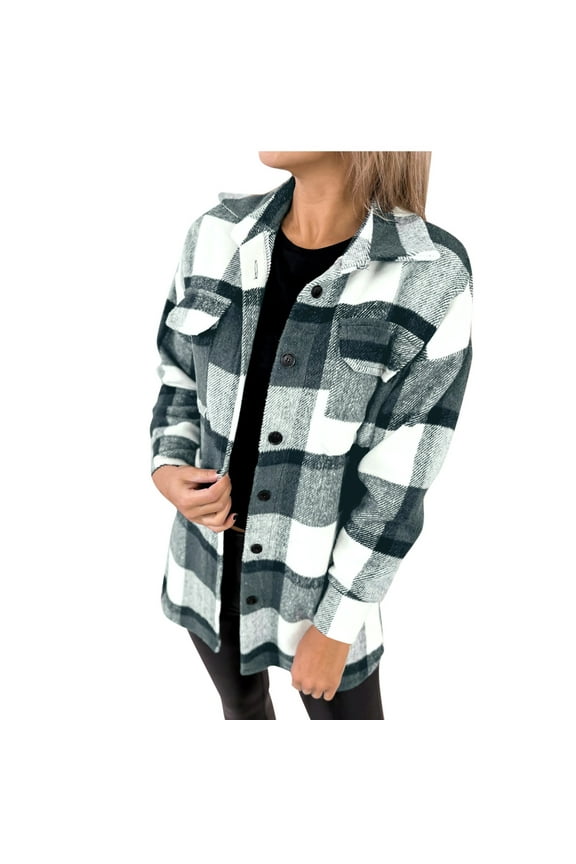 Womens Flannel Plaid Shirt Jackets 2023 Clearance,Long Sleeve Button Down Shacket Jacket Lapel Collar Fall Winter Lightweight Mid Length Outwear Coat with Pocket
