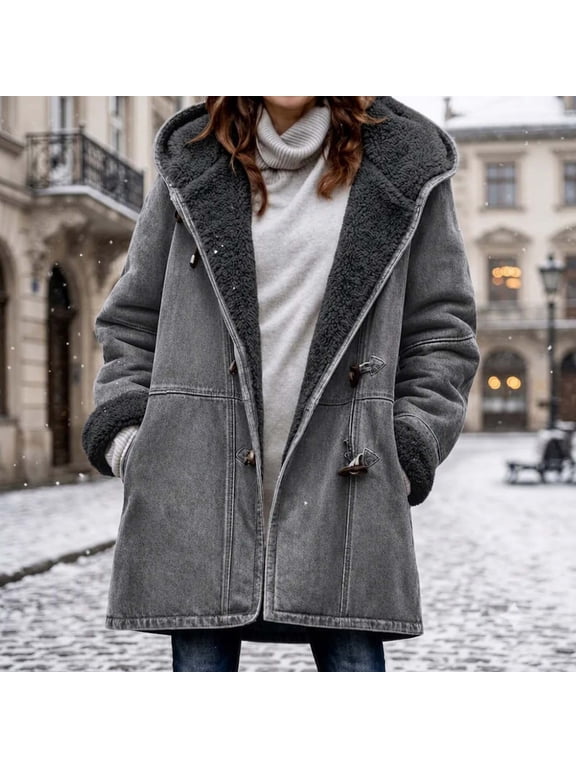 Womens Fleece Lined Denim Jacket Hooded Toggle Button Thick Warm Winter Coat Vintage Loose Fit Outerwear for Daily Work Casual Wear XXXL