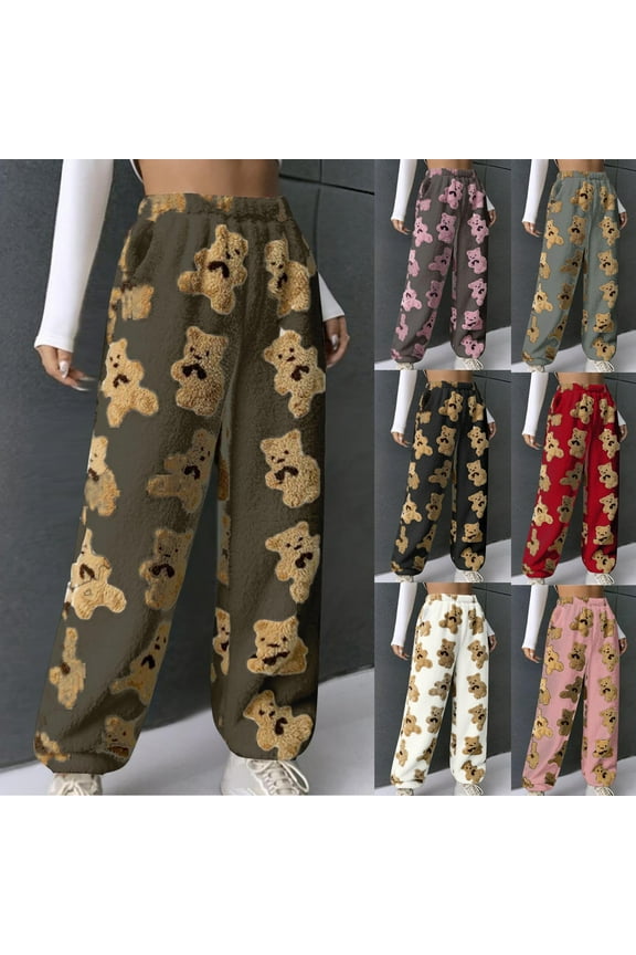 Womens Fleece Lounge Sweatpants Cute Bear Graphic Pajama Pants Fuzzy Plush Sleep Pants Winter Warm Pj Bottoms X-Pink S