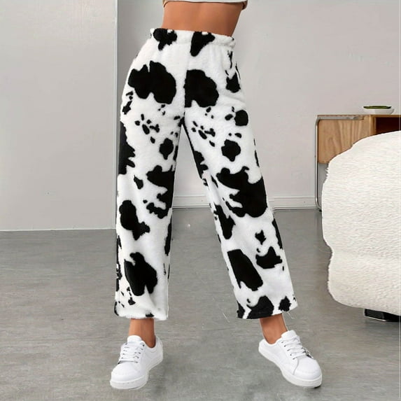 DDAPJ pyju Womens Fleece Pajama Pants Cow Print Graphic Sleepwear Lounge Pants Fuzzy Warm Sleep Bottoms White M