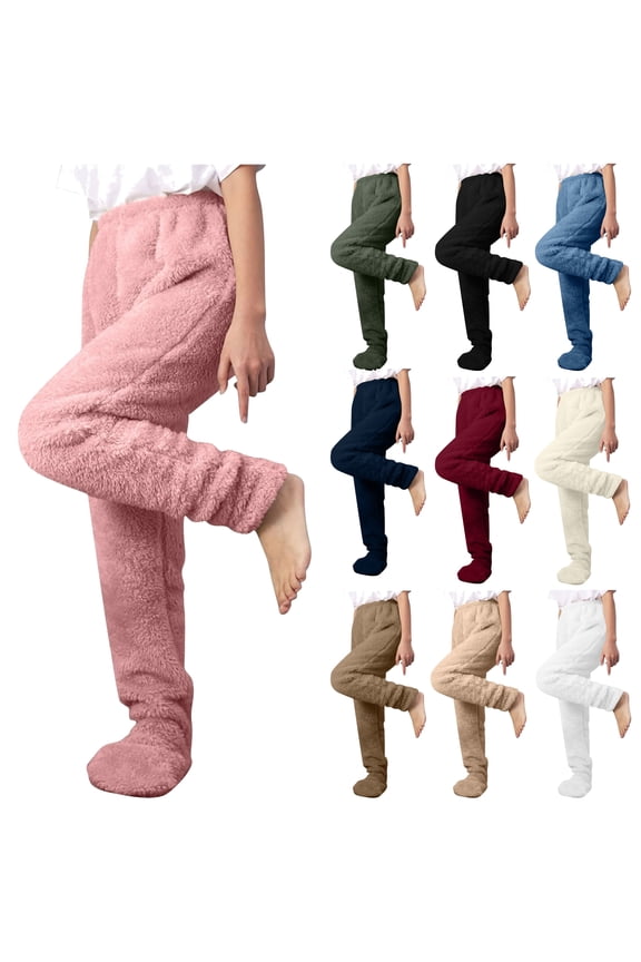 Womens Fleece Pajama Pants Winter Fuzzy Fluffy Adult Footie Pajama Pants Cozy Thermal Pj Pants Plush Lounge Pants Blue M