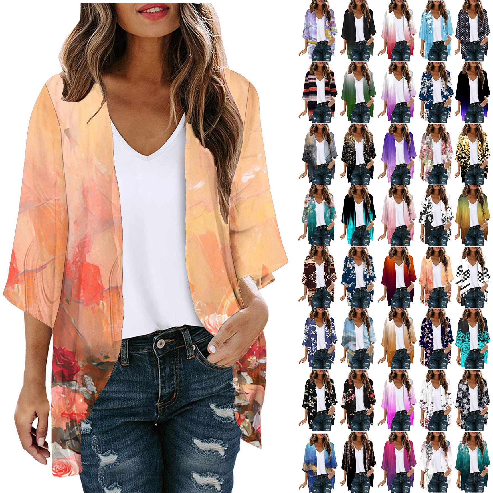 Women's Chiffon Kimono Cardigan - Floral Print Beach Cover Up, Black Flower, Medium - View #4