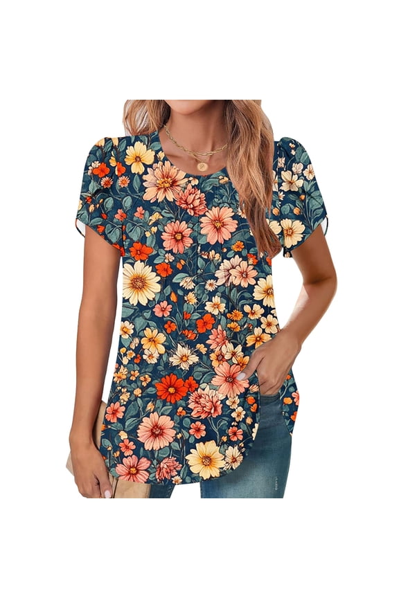 Womens Floral Print Tunic Tops Petal Short Sleeve Pleated Blouse Flowy Tunics Summer Beach Vacation Shirts on Sale Multicolor XL