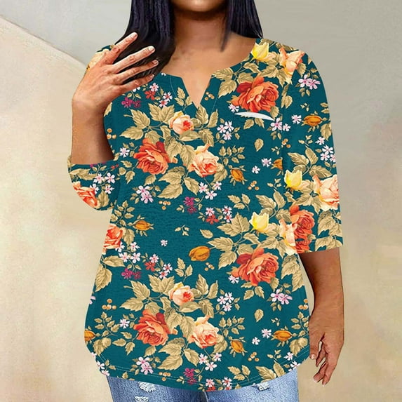 DDAPJ pyju Womens Floral Print Tunic Tops Plus Size Casual 3/4 Sleeve T-shirts Spring Summer Dressy V Neck Tunic Blouse with Curved Hem Hide Belly Shirt Blue XXXXXL