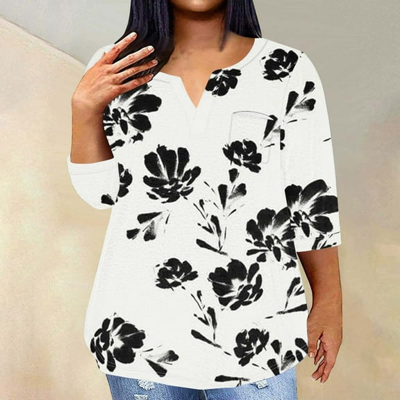 DDAPJ pyju Womens Floral Print Tunic Tops Plus Size Casual 3/4 Sleeve T-shirts Spring Summer Dressy V Neck Tunic Blouse with Curved Hem Hide Belly Shirt White XXL