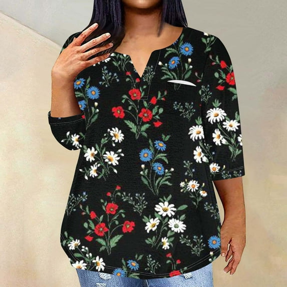 DDAPJ pyju Womens Floral Print Tunic Tops Plus Size Casual 3/4 Sleeve T-shirts Spring Summer Dressy V Neck Tunic Blouse with Curved Hem Hide Belly Shirt Black XL