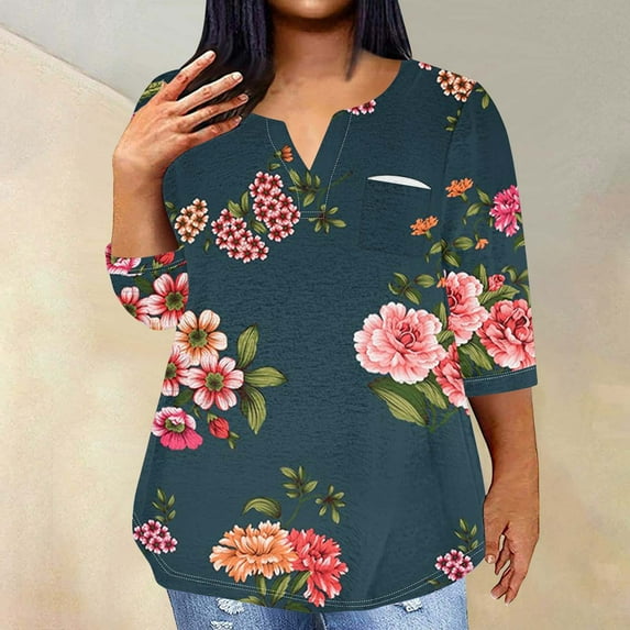 DDAPJ pyju Womens Floral Print Tunic Tops Plus Size Casual 3/4 Sleeve T-shirts Spring Summer Dressy V Neck Tunic Blouse with Curved Hem Hide Belly Shirt Flash Deals Today Navy XXXXXL
