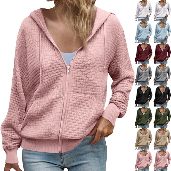 DDAPJ pyju Womens Full Zip Long Sleeve Hoodies Waffle Knit Quilted Sweatshirt Jackets Solid Color Casual Coats with Pockets Pink#fall fashion hoodies XXL