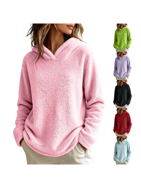 Womens Fuzzy Fleece Hoodie Soft Cozy Sherpa Pullover Loose Comfy Lounge Pajama Sweatshirt Fall Winter Thermal Hoodies S