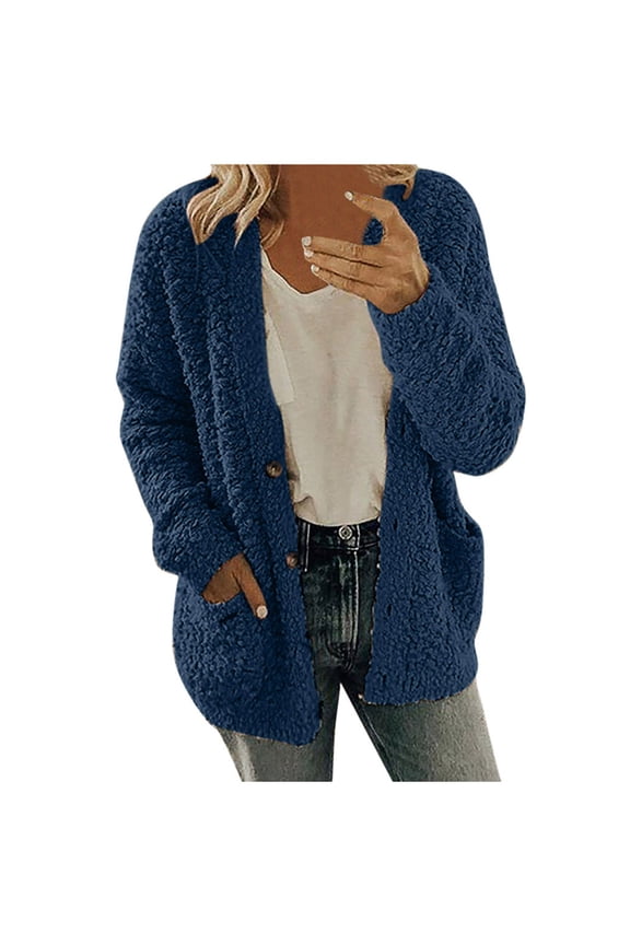 Womens Fuzzy Fleece Jacket 2023 Clearance,Long Sleeve Button Down Open Front Cardigan Coats Fall Winter Lightweight Fluffy Sherpa Outerwear with Pockets