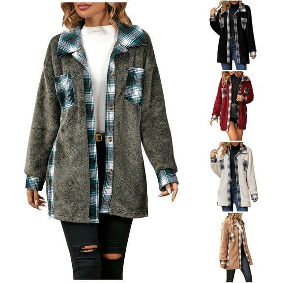 DDAPJ pyju Womens Fuzzy Fleece Jacket Lightweight Plaid Shacket Fall Winter Warm Shirt Jackets with Pockets Gray XXL