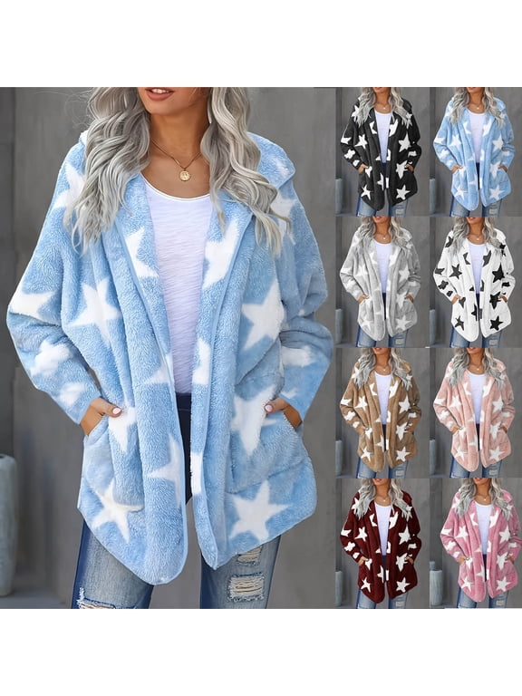 Womens Fuzzy Fleece Jacket Stars Graphic Hooded Cardigan Open Front Sherpa Coat Winter Warm Outwear with Pockets Black XXL