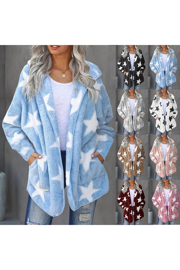Womens Fuzzy Fleece Jacket Stars Graphic Hooded Cardigan Open Front Sherpa Coat Winter Warm Outwear with Pockets Hot Pink XXL