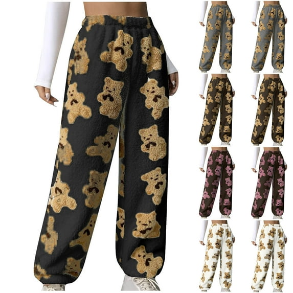 DDAPJ pyju Womens Fuzzy Fleece Pants Cute Teddy Bear Warm Pajama Pants Athletic Jogger Teen Girls Comfy Soft Plush Loungewear Brown M