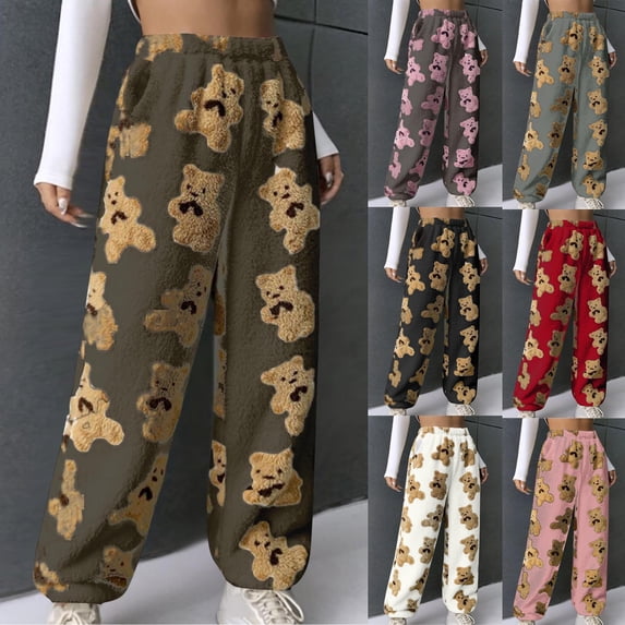 DDAPJ pyju Womens Fuzzy Fleece Pants Warm Winter Plush Pajama Pants Cute Teddy Bear Graphic Loose Comfy Trousers Loungewear X-White L