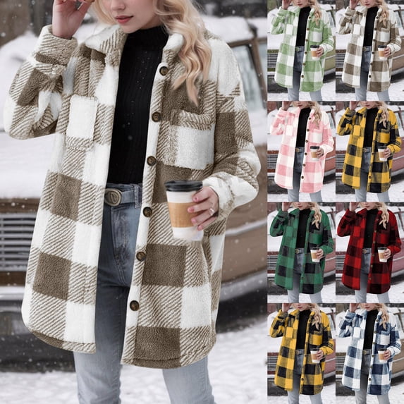 DDAPJ pyju Womens Fuzzy Fleece Plaid Jacket Button Down Shacket Winter Warm Teddy Coat with Pockets Army Green XXL