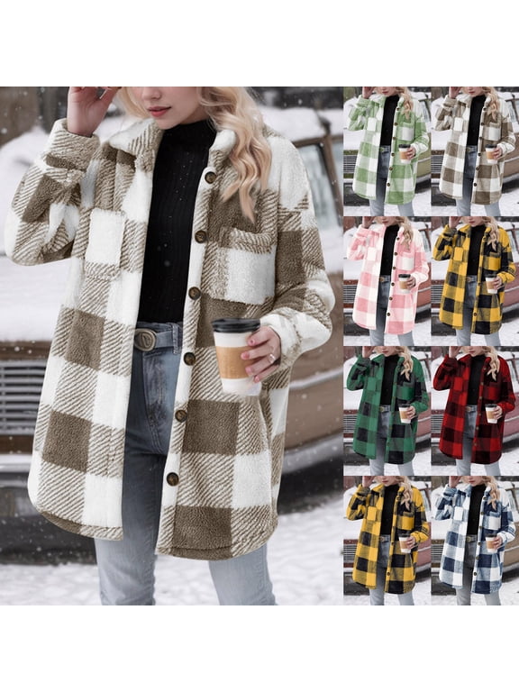Womens Fuzzy Fleece Plaid Jacket Button Down Shacket Winter Warm Teddy Coat with Pockets Blue XL