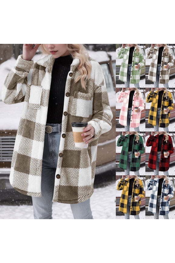 Womens Fuzzy Fleece Plaid Jacket Button Down Shacket Winter Warm Teddy Coat with Pockets Green XL
