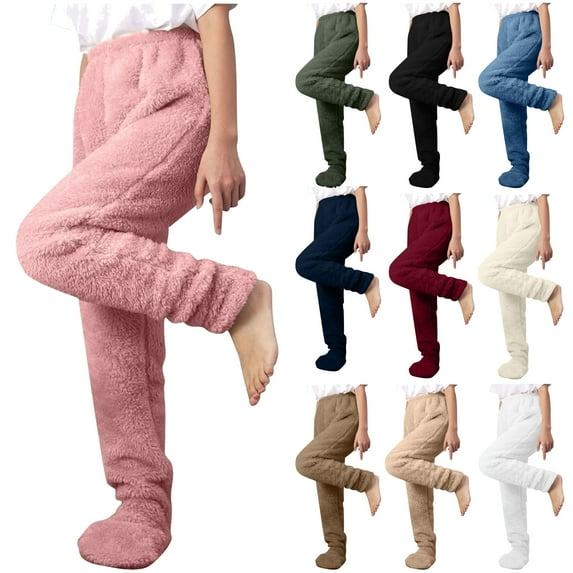 DDAPJ pyju Womens Fuzzy Lounge Pants Fleece Plush Footed Pajama Pants Winter Warm Comfy Sleep Trousers Pantalones de mujer Khaki XL
