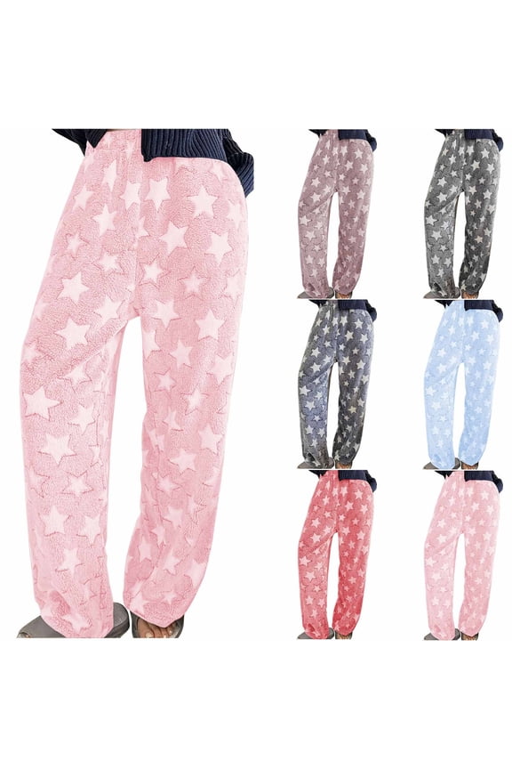 Womens Fuzzy Pajama Pants Winter Warm Pj Lounge Pants Cute Star Print Elastic Waist Comfy Pajama Bottoms Soft Sleepwear on Sale Pink L