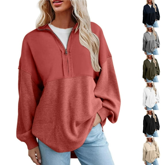 DDAPJ pyju Womens Half Zip Sweatshirts Oversized Waffle Knit Drop Shoulder Pullover Loose Casual Patchwork Sweatshirt Soft Comfort Textured Tops Khaki XL
