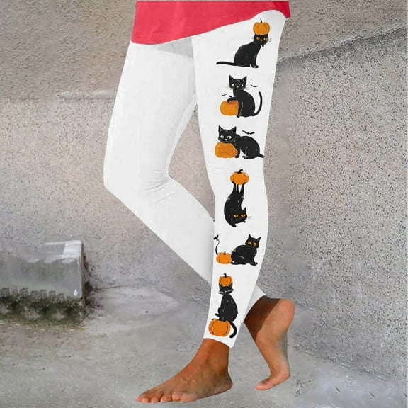 DDAPJ pyju Womens Halloween Leggings 2025 Trendy Black Cat Printed High Waisted Stretch Yoga Running Pants Novelty Holiday Party Tights Buttery Soft Ankle Length Leggings Clearance Sales White XXXL