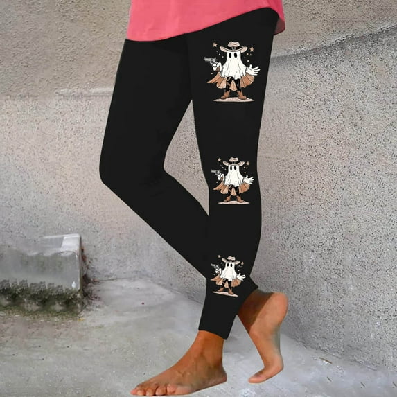 DDAPJ pyju Womens Halloween Leggings Cute Ghost Print High Waisted Stretch Yoga Pants Spooky Season Party Tights Black#10 XL