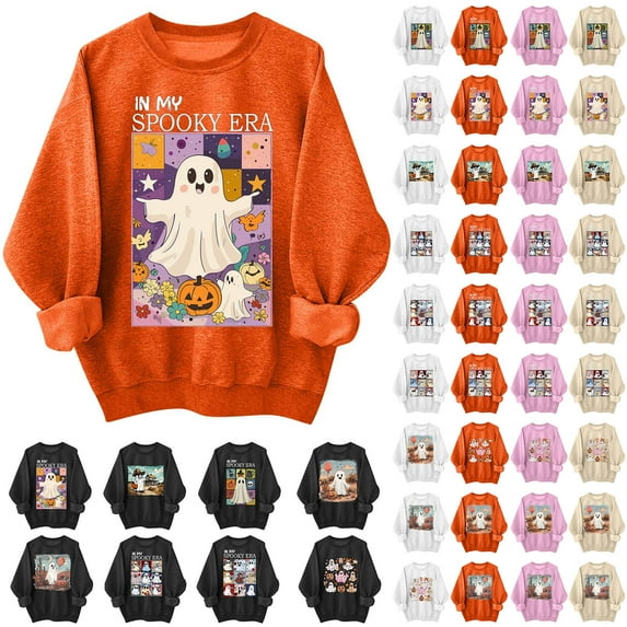 DDAPJ pyju Womens Halloween Pumpkin Sweatshirts Cute Ghost Graphic Long Sleeve Shirt Spooky Season Sweatshirt Fall Fashion Halloween Gifts D-White S