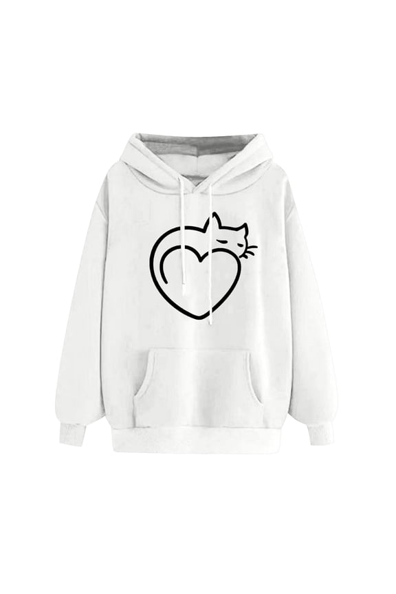 Womens Heart Print Hoodie 2023 Fall Fashion,Loose Casual Drawstring Pullover Hoodie for Cat Lover Oversized Long Sleeve Hooded Sweatshirt with Kangaroo Pocket