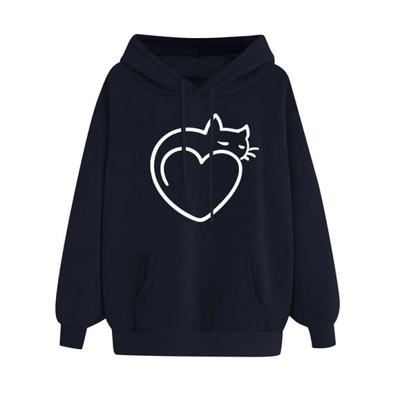 DDAPJ pyju Womens Heart Print Hoodie 2023 Fall Fashion,Loose Casual Drawstring Pullover Hoodie for Cat Lover Oversized Long Sleeve Hooded Sweatshirt with Kangaroo Pocket