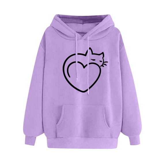 DDAPJ pyju Womens Heart Print Hoodie 2023 Fall Fashion,Loose Casual Drawstring Pullover Hoodie for Cat Lover Oversized Long Sleeve Hooded Sweatshirt with Kangaroo Pocket