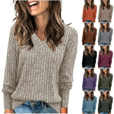 DDAPJ pyju Womens Knitted Tops Long Sleeve V Neck Pullover Sweater Lightweight Tunic Sweaters Solid Casual Jumper Top Clearance Sale Light Gray XL